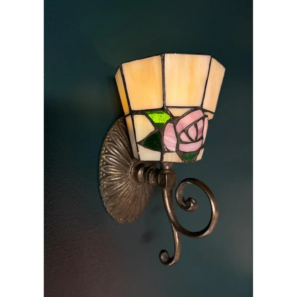 Vintage Stained Glass Rose Wall Sconces Pair Votive Candle Holders Tiffany Style
